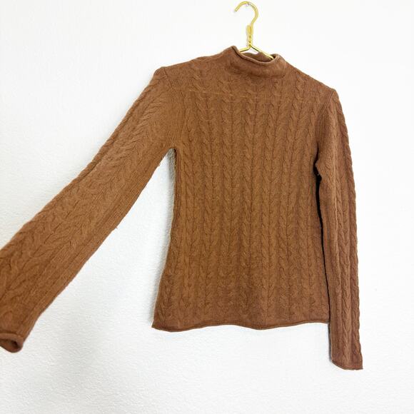 Theory Cable-Knit Mock Neck 100% Cashmere Sweater Size Medium Camel Tan Preppy - Picture 10 of 12